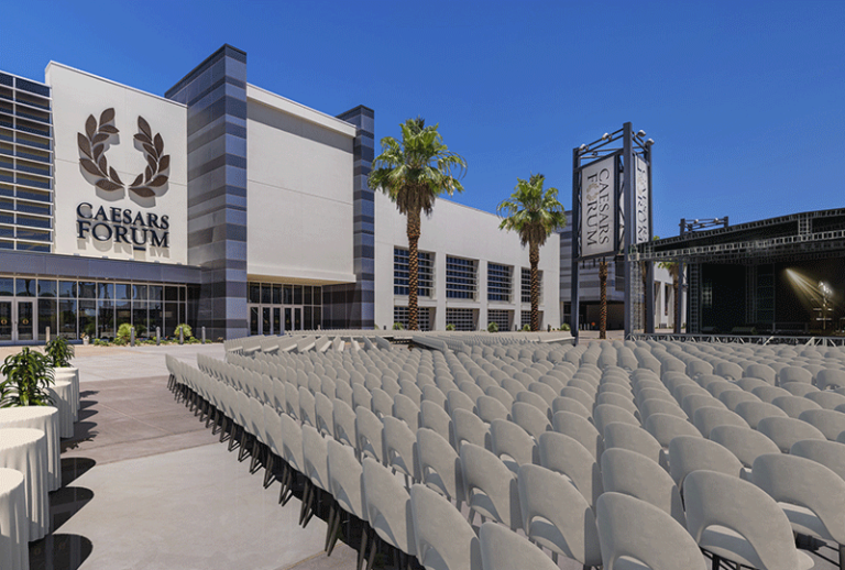 Image of the outdoor Forum Plaza Theater in Caesars Forum, Las Vegas.